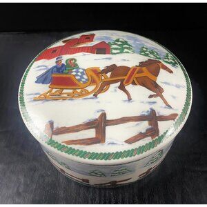 Mikasa Christmas Country Sleigh Ride Lidded Porcelain Lidded Dish Box Collectibl
